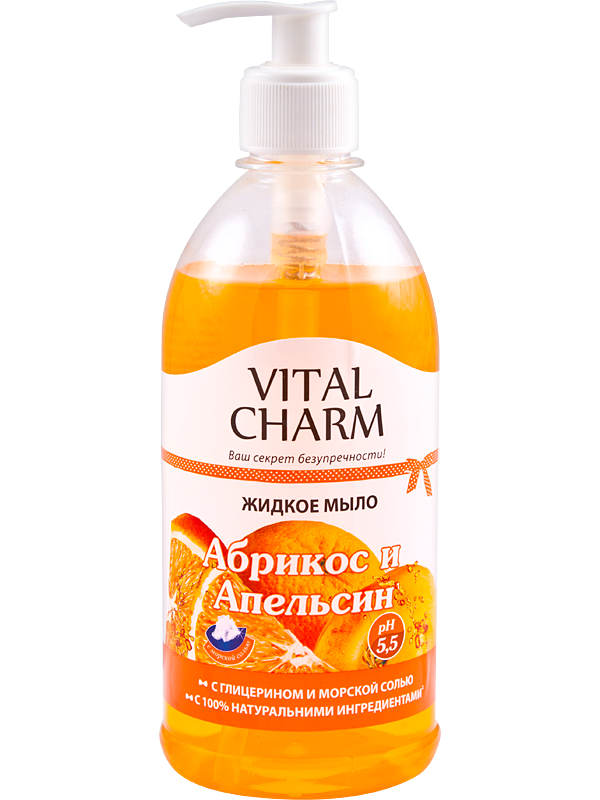 Vital Charm Liquid soap with glycerin and sea salt “Apricot and Orange” bottle