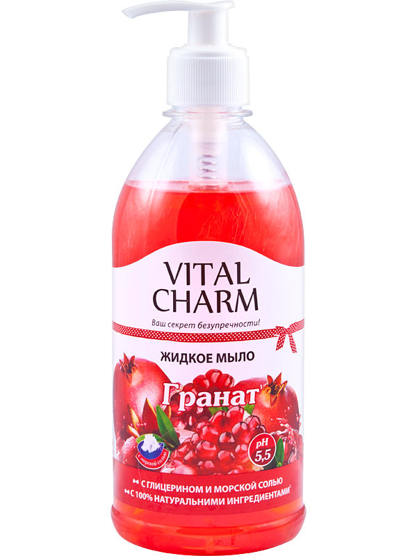 Vital Charm Liquid soap with glycerin and sea salt “Pomegranate” bottle