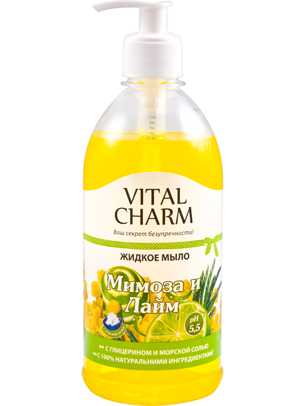 Vital Charm Liquid soap with glycerin and sea salt “Mimosa and Lime” bottle