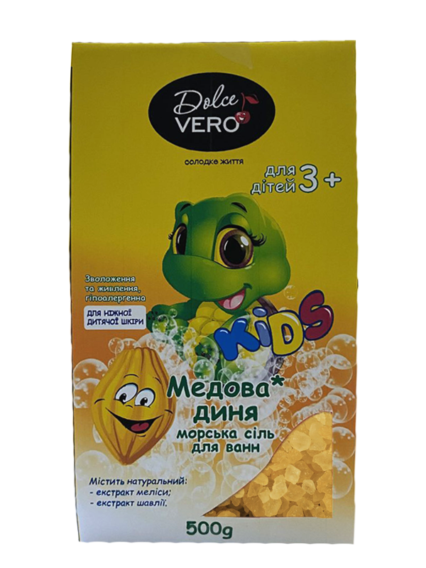 Dolce Vero Children’s sea salt for baths “Honey Melon”* with natural extracts of lemon balm and sage herbs.