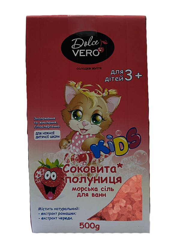 Dolce Vero Children’s sea salt for baths “Juicy strawberry”* with natural extracts of chamomile and chervil herbs.