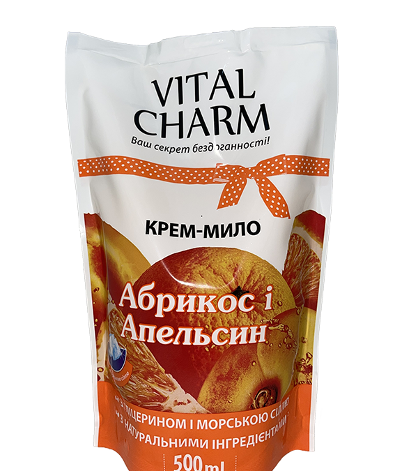 Vital Charm Рідке мило з гліцерином і морською сіллю «Абрикос і апельсин» дой-пак