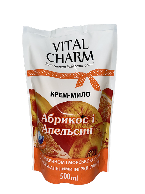 Vital Charm Рідке мило з гліцерином і морською сіллю «Абрикос і апельсин» дой-пак