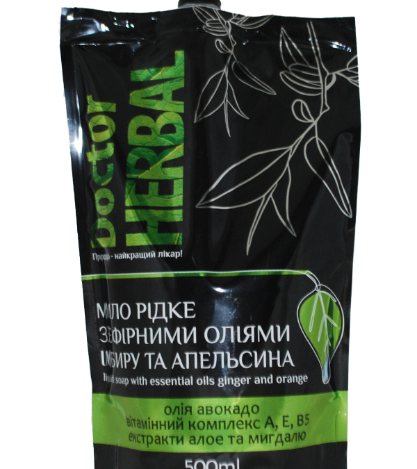 Рідке мило з ефірними оліями імбиру та апельсина, дой-пак ТМ Doctor Herbal 500 мл