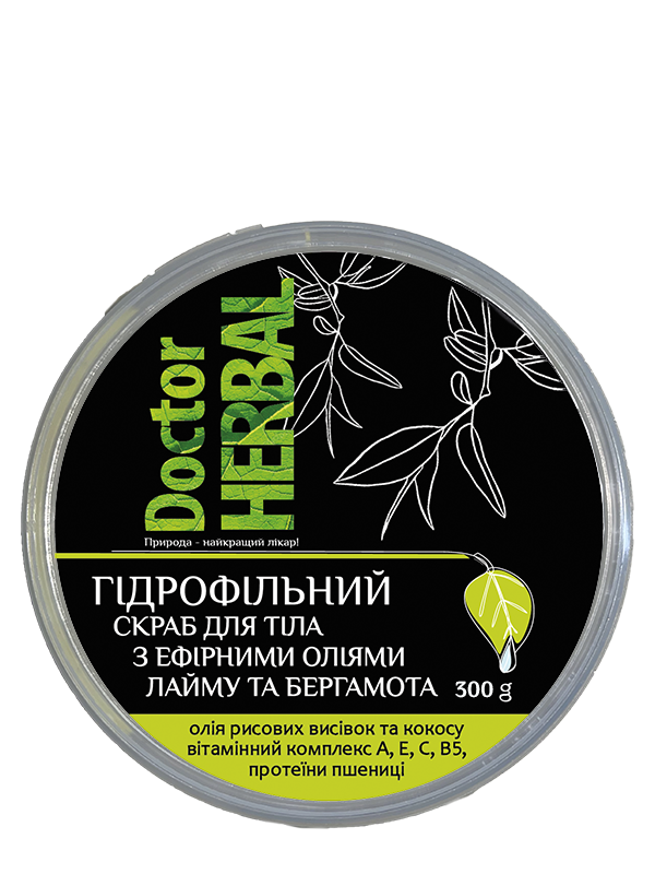 Гідрофільний цукрово-сольовий скраб для тіла з ефірними оліями лайма та бергамоту ТМ Doctor Herbal 300 г