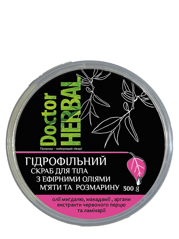 Гідрофільний цукрово-сольовий скраб для тіла з ефірними оліями м’яти та розмарину ТМ Doctor Herbal 300 г